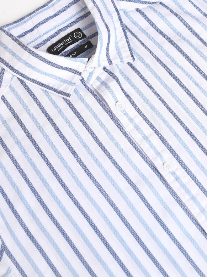 Locomotive Premium Men White Striped Regular Fit Casual Shirt - White - Image 7