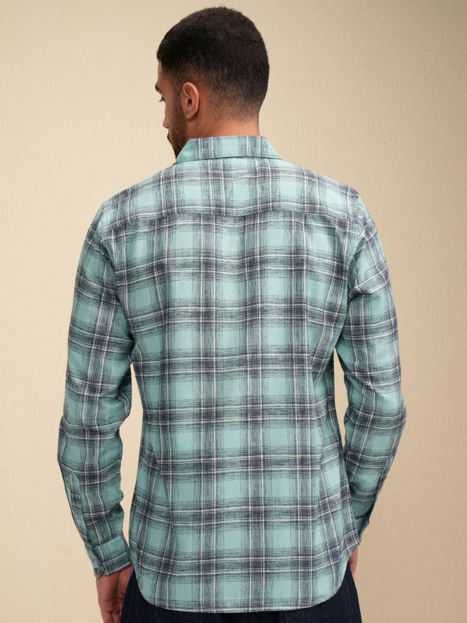 Locomotive Men Green Checked Regular Fit Casual Shirt - Green - Image 3
