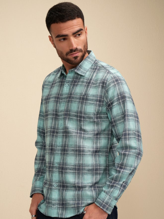 Locomotive Men Green Checked Regular Fit Casual Shirt - Green - Image 4