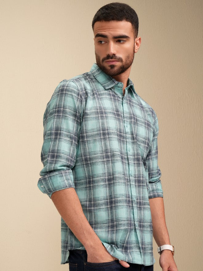 Locomotive Men Green Checked Regular Fit Casual Shirt - Green - Image 6
