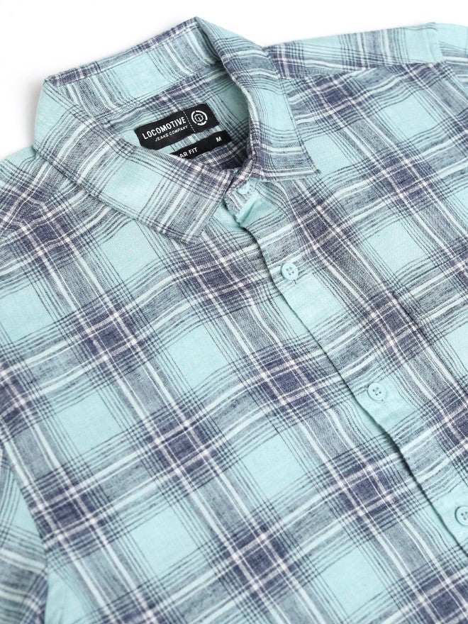 Locomotive Men Green Checked Regular Fit Casual Shirt - Green - Image 7