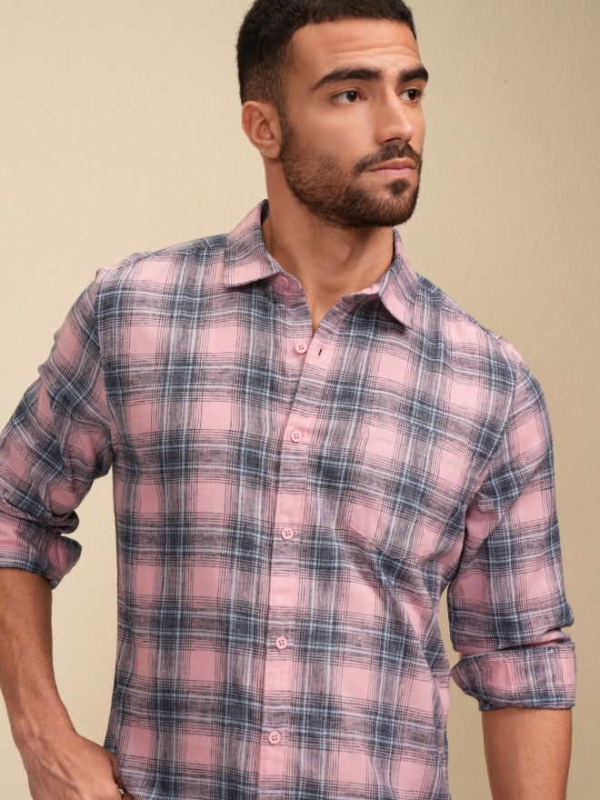 Locomotive Men Pink Checked Regular Fit Casual Shirt - Pink - Image 1