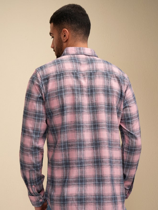 Locomotive Men Pink Checked Regular Fit Casual Shirt - Pink - Image 3