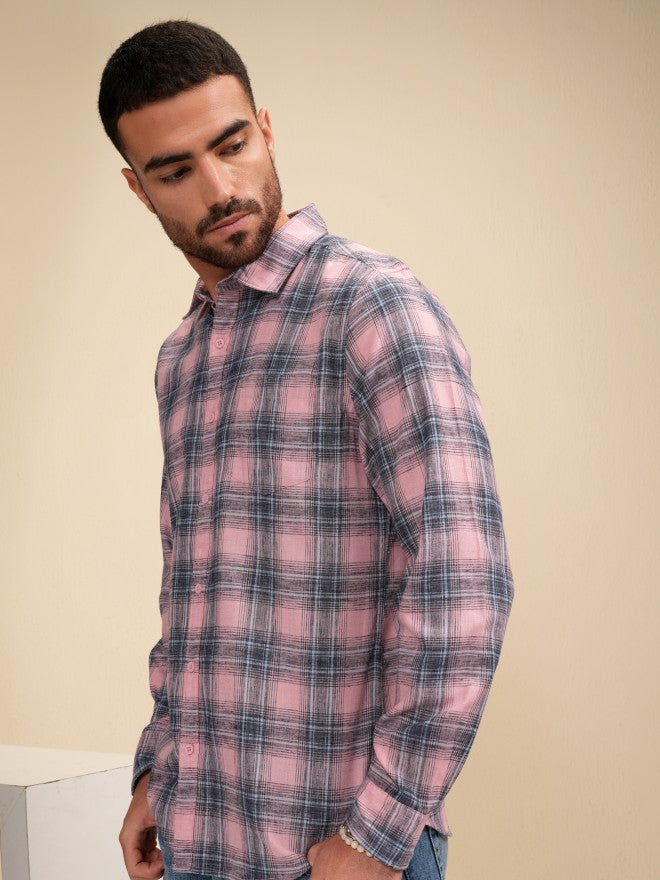 Locomotive Men Pink Checked Regular Fit Casual Shirt - Pink - Image 4