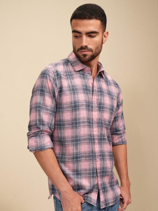 Locomotive Men Pink Checked Regular Fit Casual Shirt - Pink - Image 6