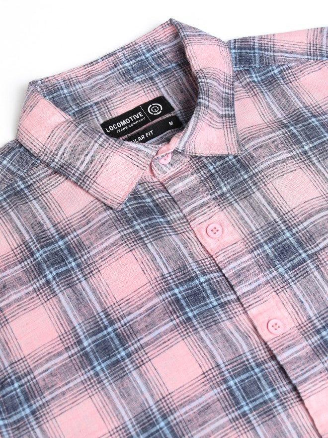 Locomotive Men Pink Checked Regular Fit Casual Shirt - Pink - Image 7