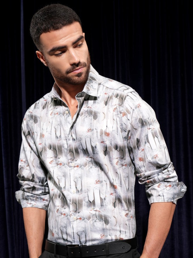 Locomotive Men Grey Printed Slim Fit Casual Shirt - Grey - Image 6
