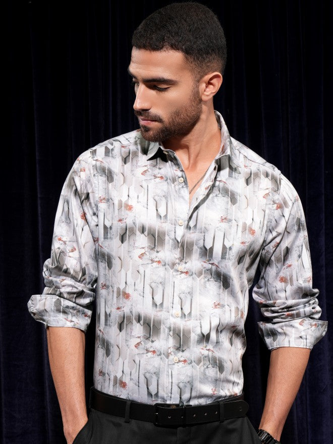 Locomotive Men Grey Printed Slim Fit Casual Shirt - Grey - Image 7