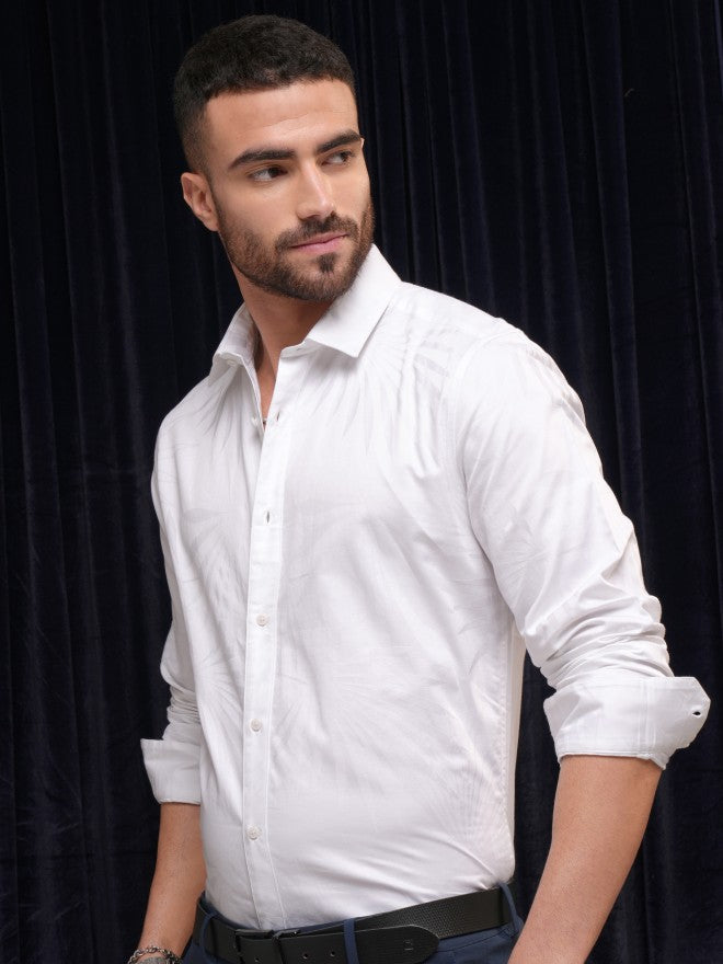 Locomotive Premium Men White Self Design Slim Fit Casual Shirt - White - Image 4