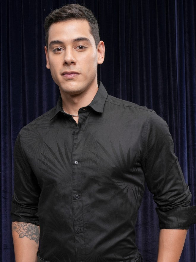 Locomotive Men Black Textured Slim Fit Casual Shirt - Black - Image 1