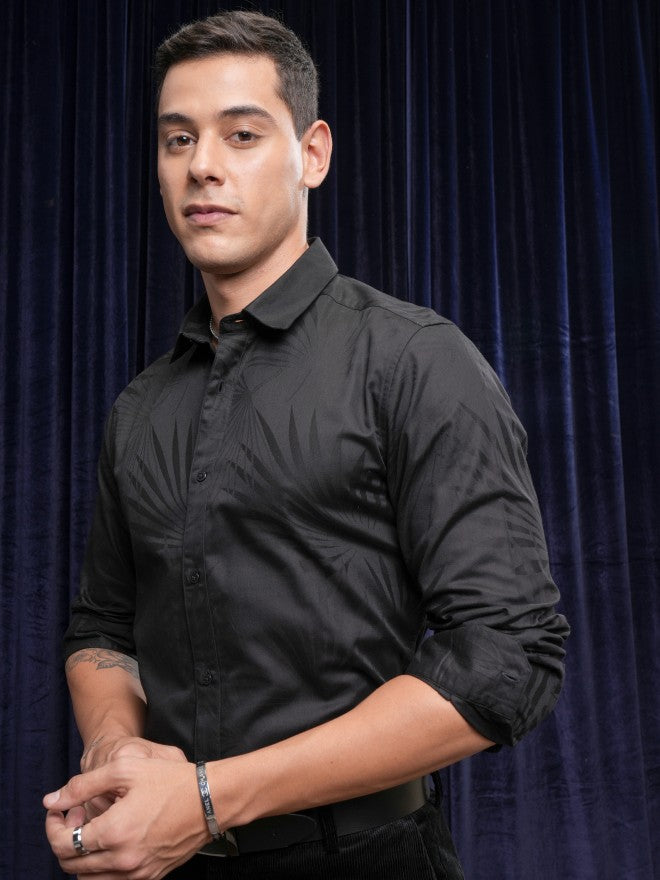 Locomotive Men Black Textured Slim Fit Casual Shirt - Black - Image 4