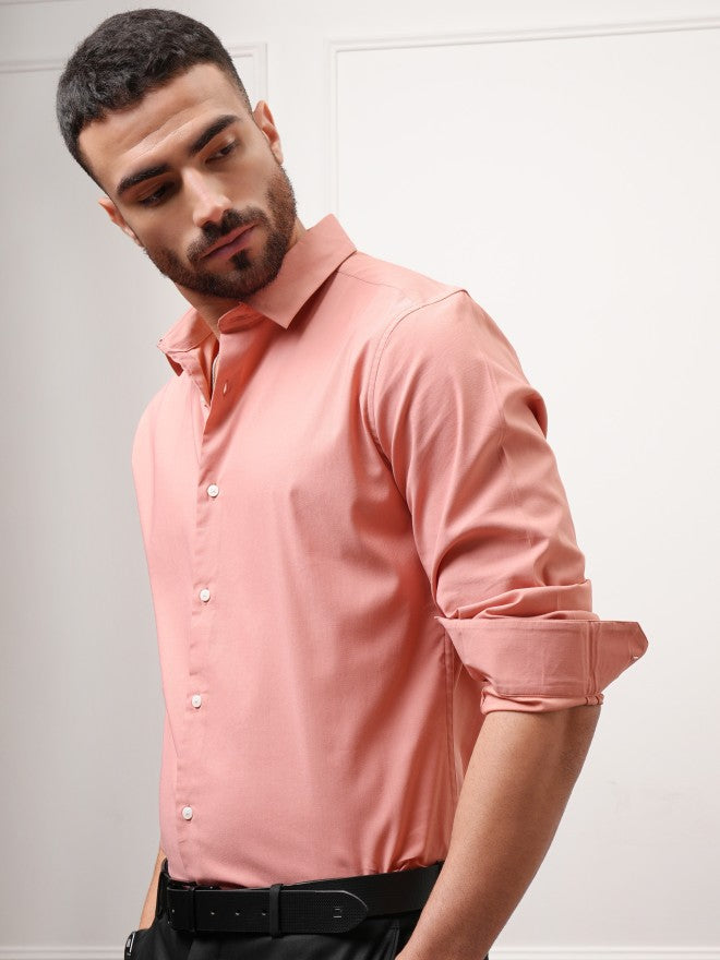 Locomotive Premium Men Peach Solid Slim Fit Casual Shirt - Peach - Image 4
