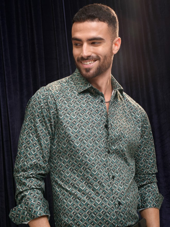 Locomotive Premium Men Teal Printed Slim Fit Casual Shirt - Teal - Image 1