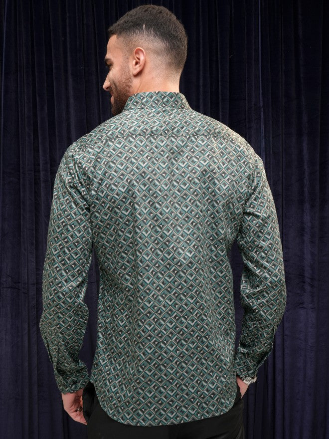 Locomotive Premium Men Teal Printed Slim Fit Casual Shirt - Teal - Image 3