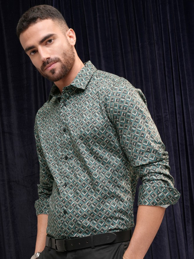 Locomotive Premium Men Teal Printed Slim Fit Casual Shirt - Teal - Image 4