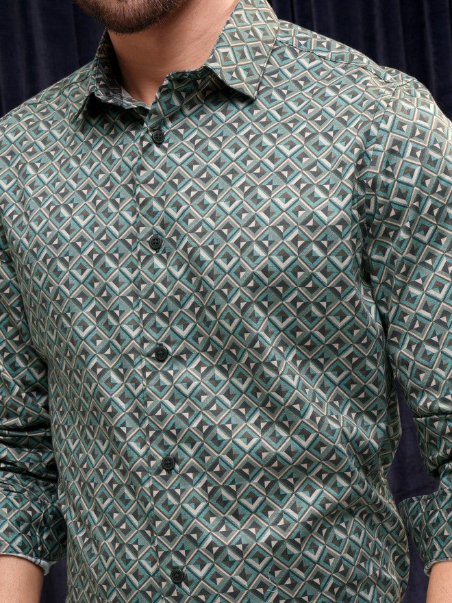 Locomotive Premium Men Teal Printed Slim Fit Casual Shirt - Teal - Image 5