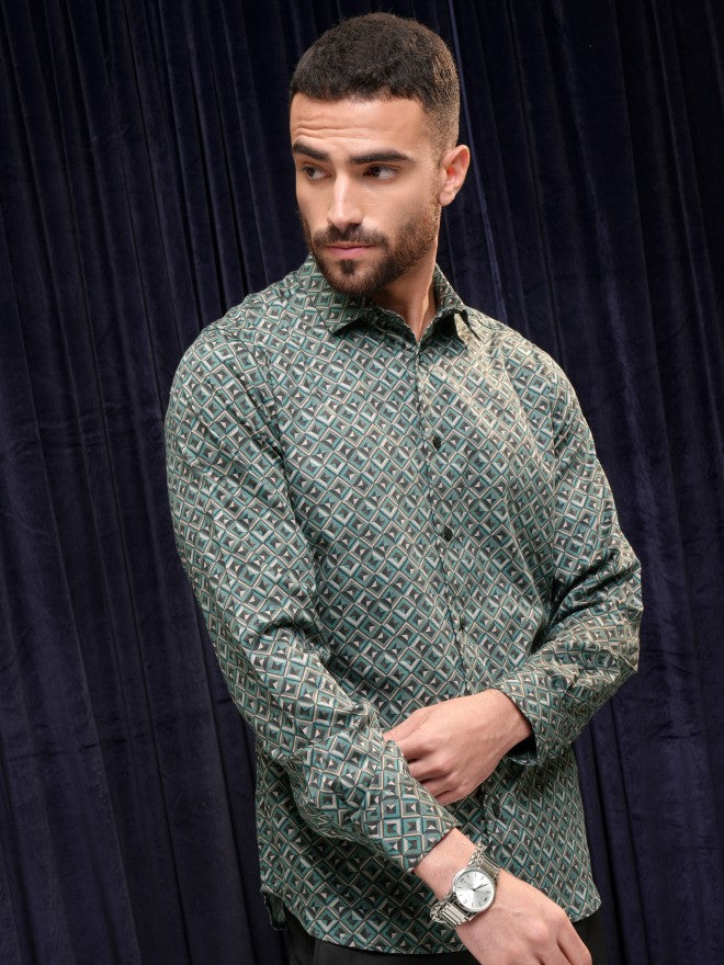 Locomotive Premium Men Teal Printed Slim Fit Casual Shirt - Teal - Image 6