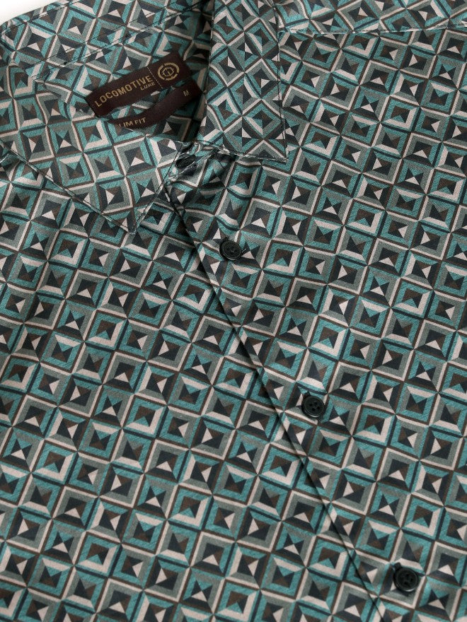 Locomotive Premium Men Teal Printed Slim Fit Casual Shirt - Teal - Image 7