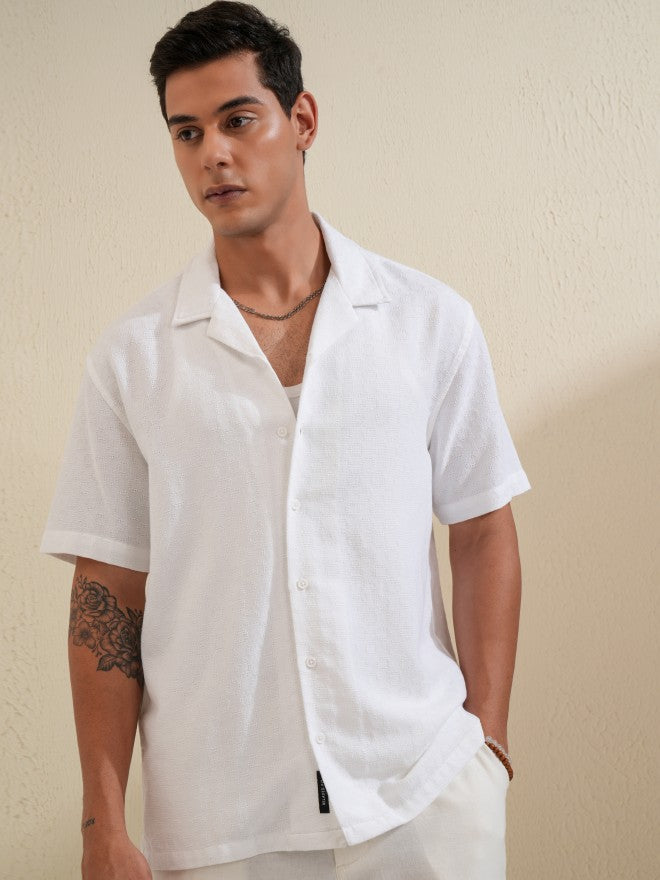 Locomotive Men White Self Design Relaxed Fit Casual Shirt - White - Image 4