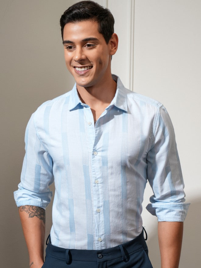 Locomotive Men Blue Striped Regular Fit Casual Shirt - Blue - Image 1
