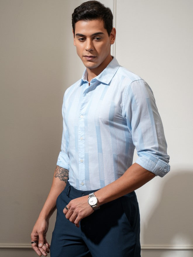 Locomotive Men Blue Striped Regular Fit Casual Shirt - Blue - Image 4