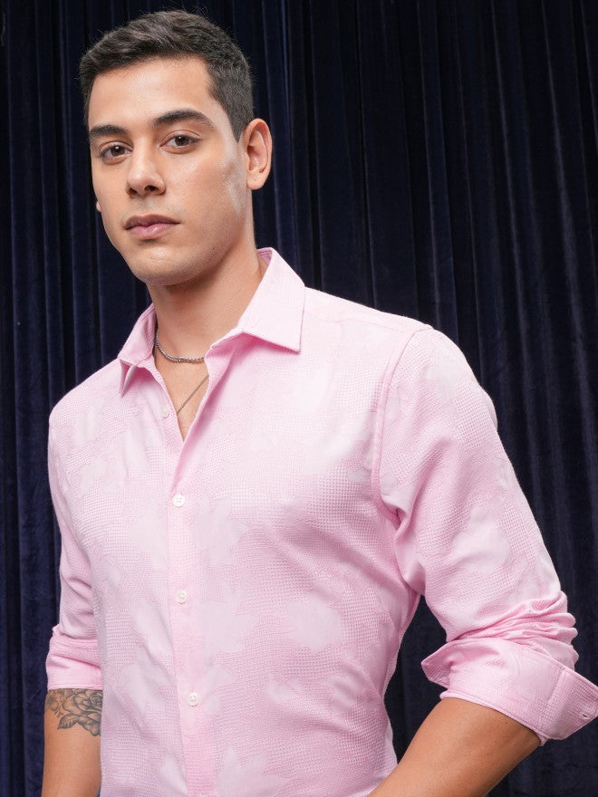 Locomotive Premium Men Pink Textured Slim Fit Casual Shirt - Pink - Image 1