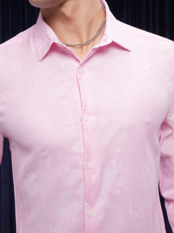 Locomotive Premium Men Pink Textured Slim Fit Casual Shirt - Pink - Image 5