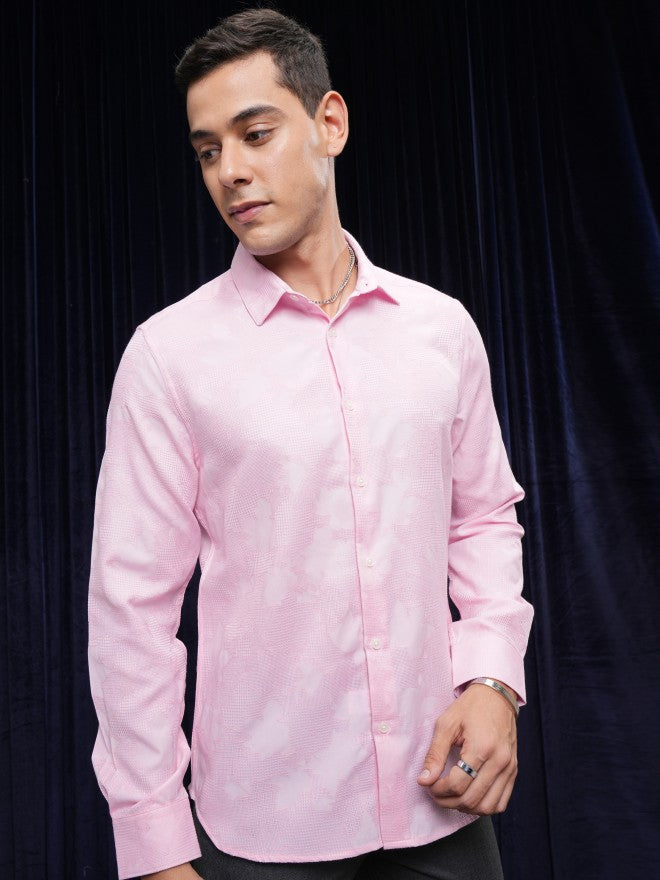 Locomotive Premium Men Pink Textured Slim Fit Casual Shirt - Pink - Image 6
