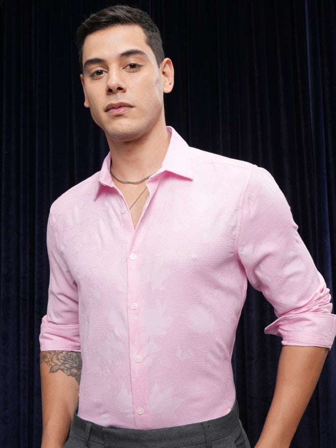 Locomotive Premium Men Pink Textured Slim Fit Casual Shirt - Pink - Image 7