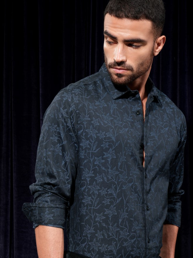 Locomotive Men Navy Blue Printed Slim Fit Casual Shirt - Navy Blue - Image 1