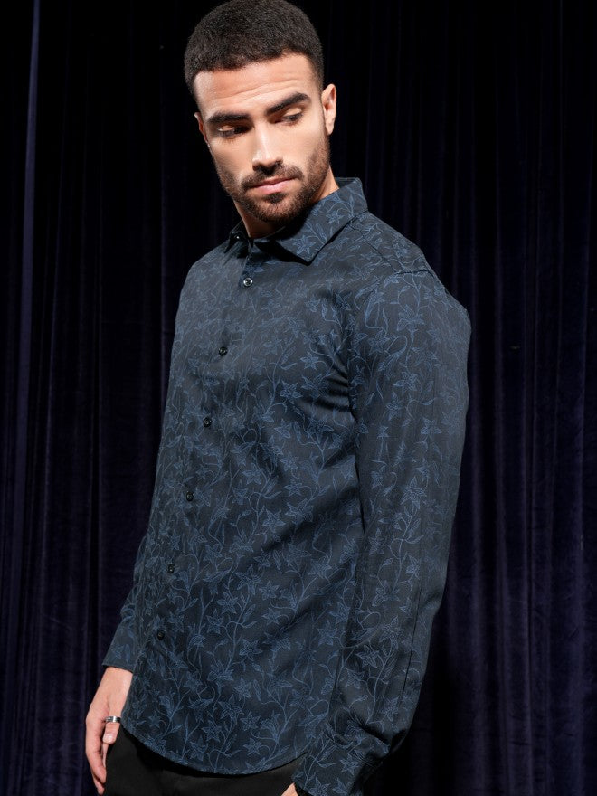 Locomotive Men Navy Blue Printed Slim Fit Casual Shirt - Navy Blue - Image 4