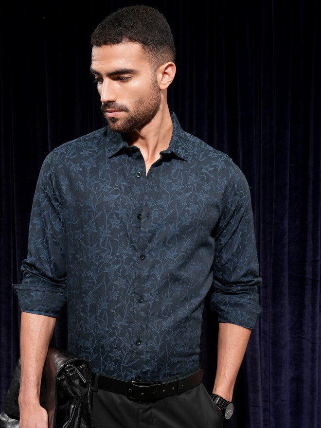 Locomotive Men Navy Blue Printed Slim Fit Casual Shirt - Navy Blue - Image 6