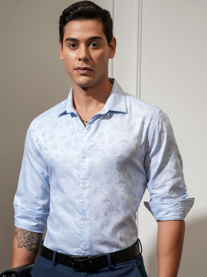 Locomotive Men Blue Textured Slim Fit Casual Shirt - Blue - Image 1