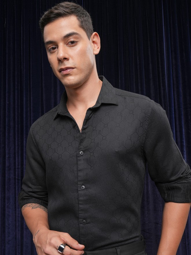 Locomotive Premium Men Black Textured Slim Fit Casual Shirt - Black - Image 1