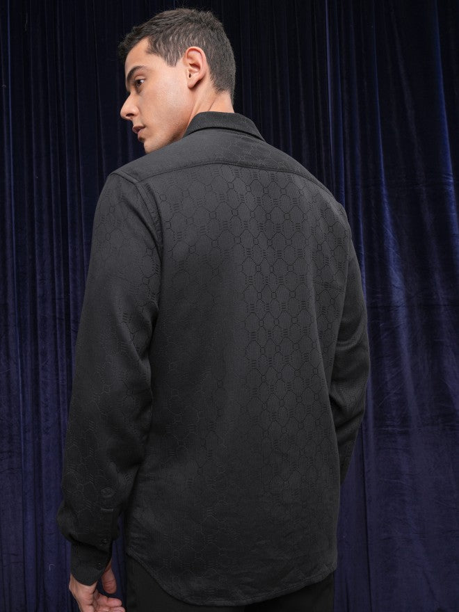 Locomotive Premium Men Black Textured Slim Fit Casual Shirt - Black - Image 3