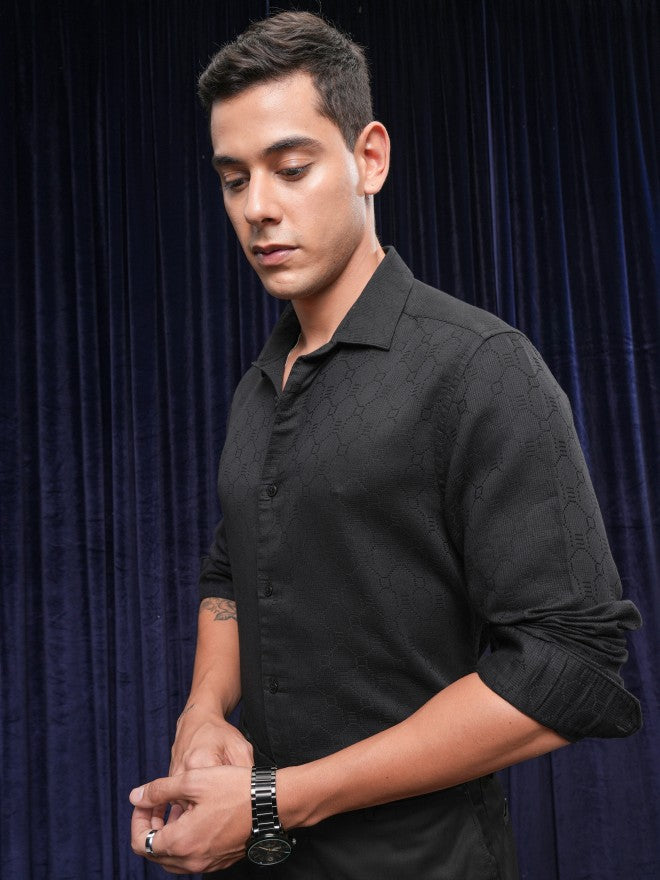 Locomotive Premium Men Black Textured Slim Fit Casual Shirt - Black - Image 4