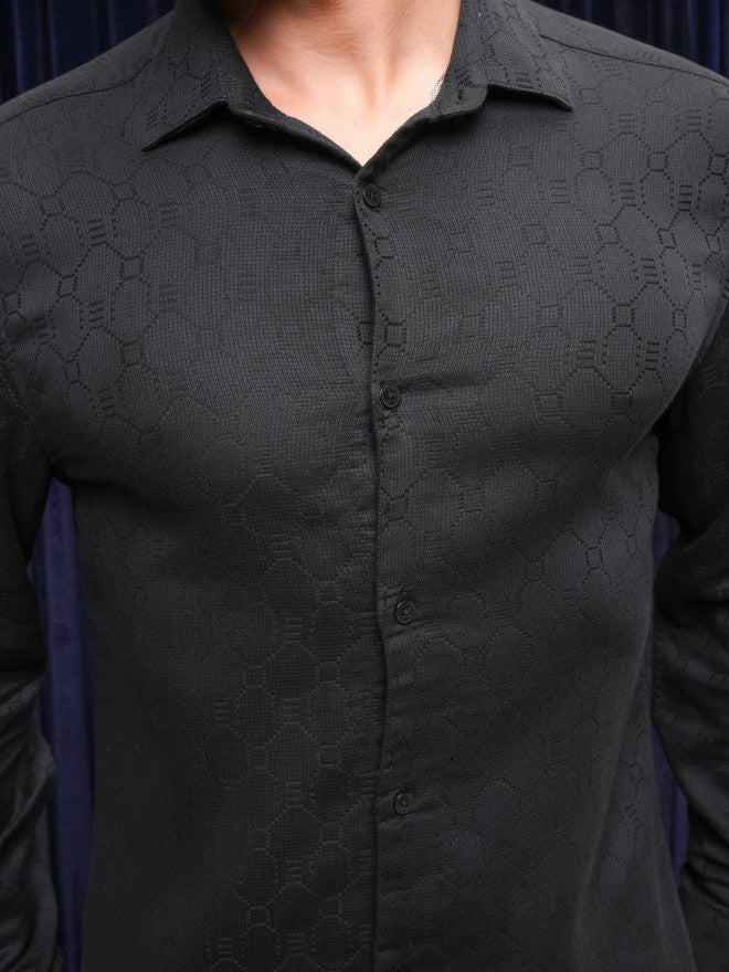 Locomotive Premium Men Black Textured Slim Fit Casual Shirt - Black - Image 5