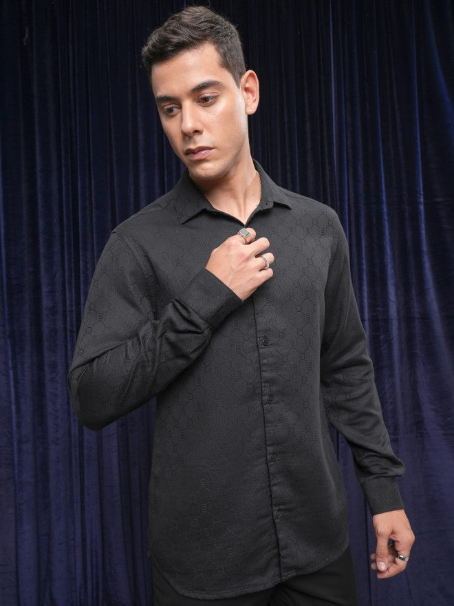 Locomotive Premium Men Black Textured Slim Fit Casual Shirt - Black - Image 6