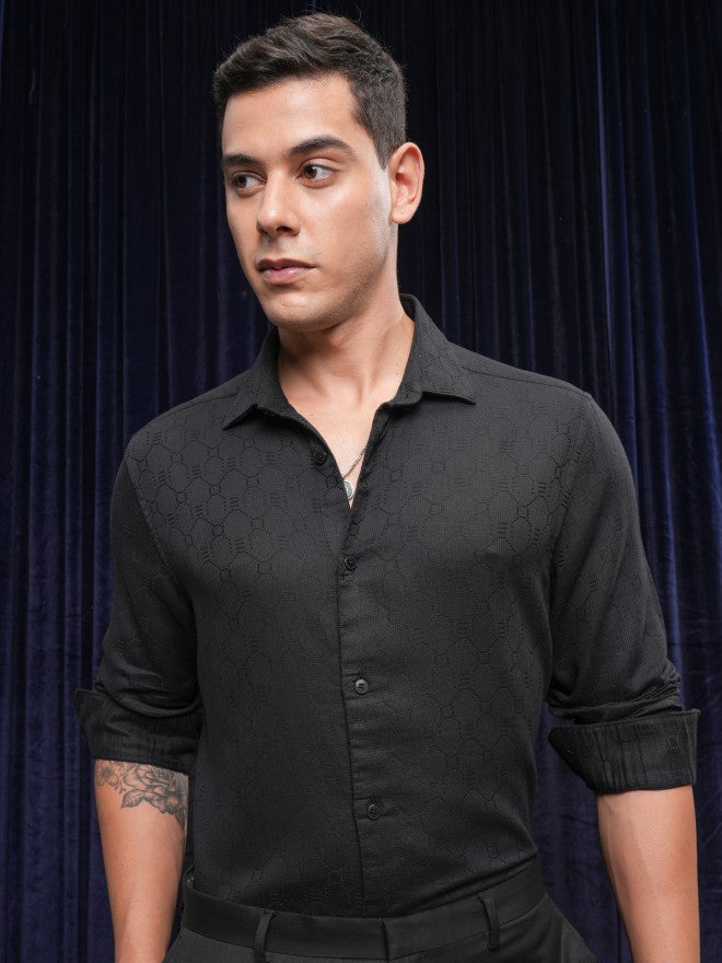 Locomotive Premium Men Black Textured Slim Fit Casual Shirt - Black - Image 7