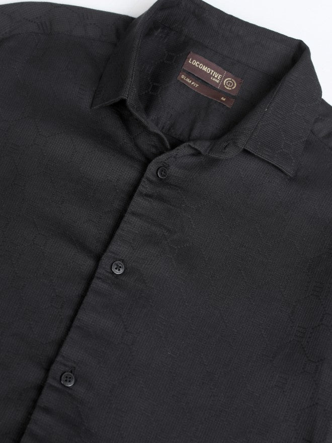 Locomotive Premium Men Black Textured Slim Fit Casual Shirt - Black - Image 8