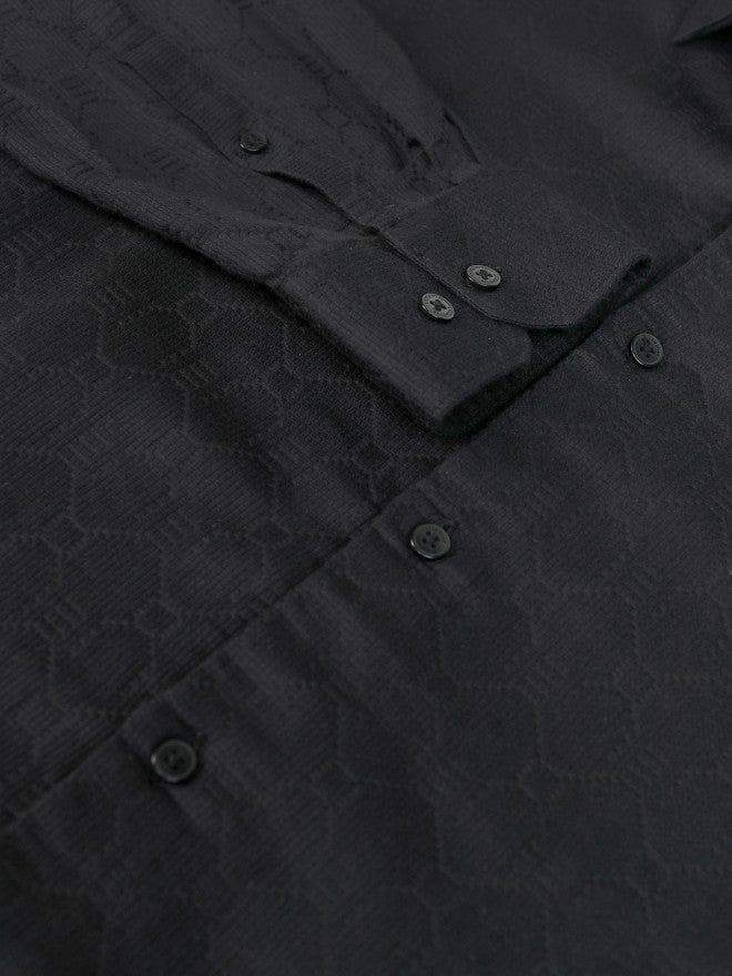 Locomotive Premium Men Black Textured Slim Fit Casual Shirt - Black - Image 9