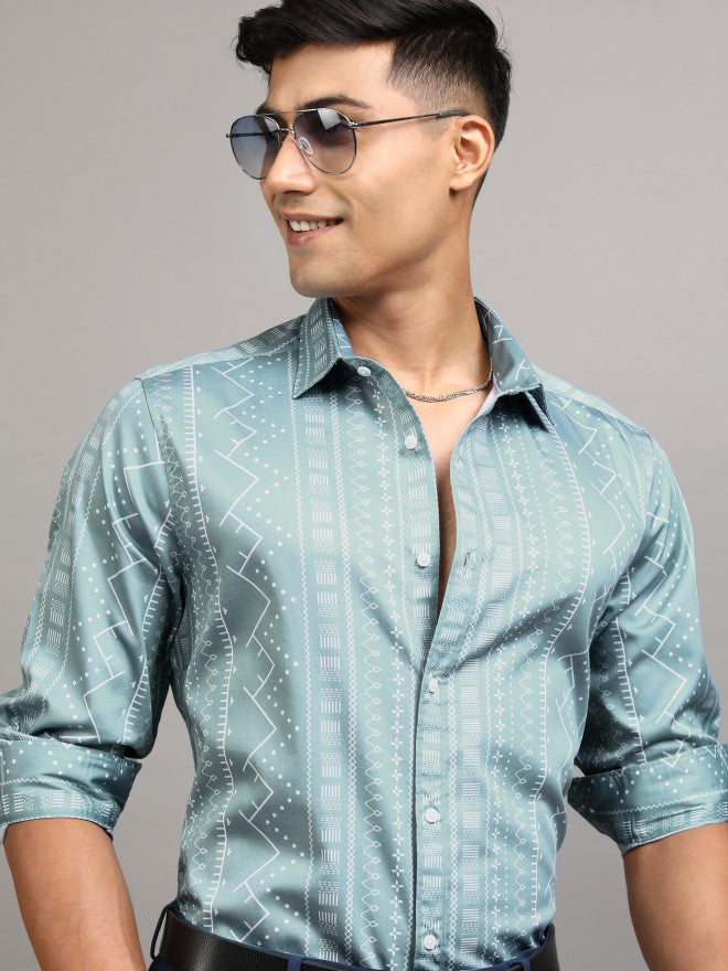 Locomotive Men Teal Printed Slim Fit Casual Shirt - Teal - Image 1