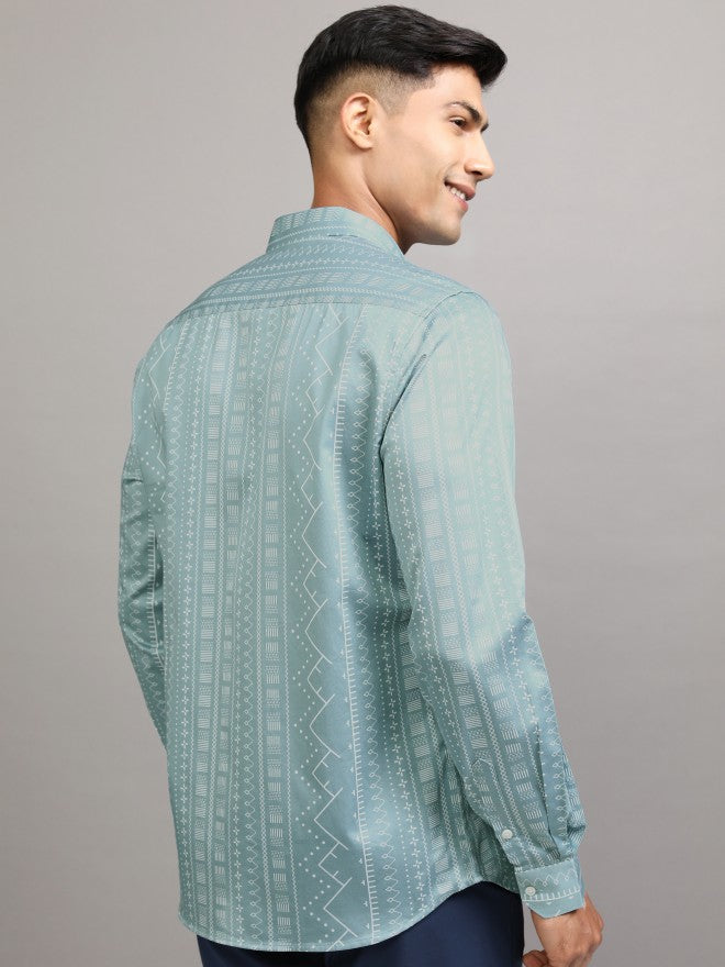 Locomotive Men Teal Printed Slim Fit Casual Shirt - Teal - Image 3