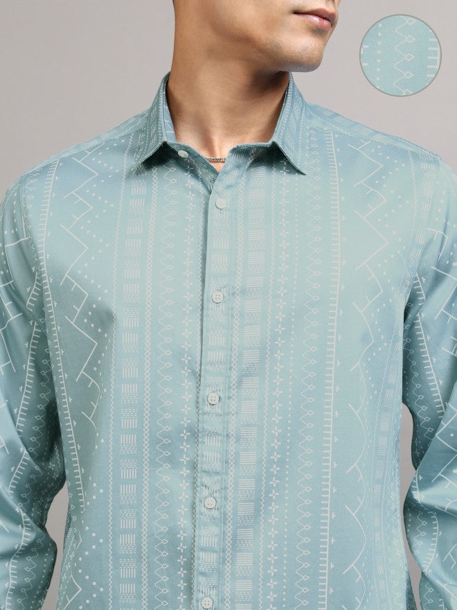 Locomotive Men Teal Printed Slim Fit Casual Shirt - Teal - Image 5
