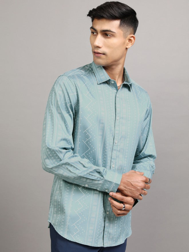 Locomotive Men Teal Printed Slim Fit Casual Shirt - Teal - Image 6