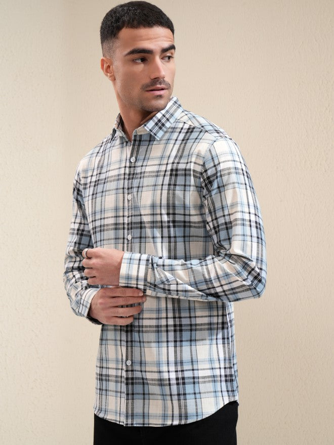 Locomotive Men Blue Checked Slim Fit Casual Shirt - Blue - Image 4