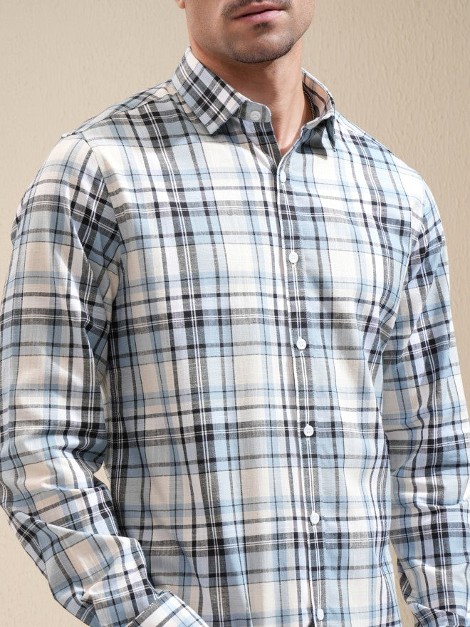 Locomotive Men Blue Checked Slim Fit Casual Shirt - Blue - Image 5