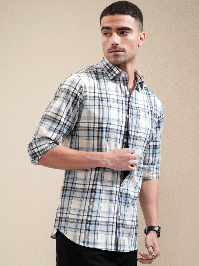 Locomotive Men Blue Checked Slim Fit Casual Shirt - Blue - Image 6