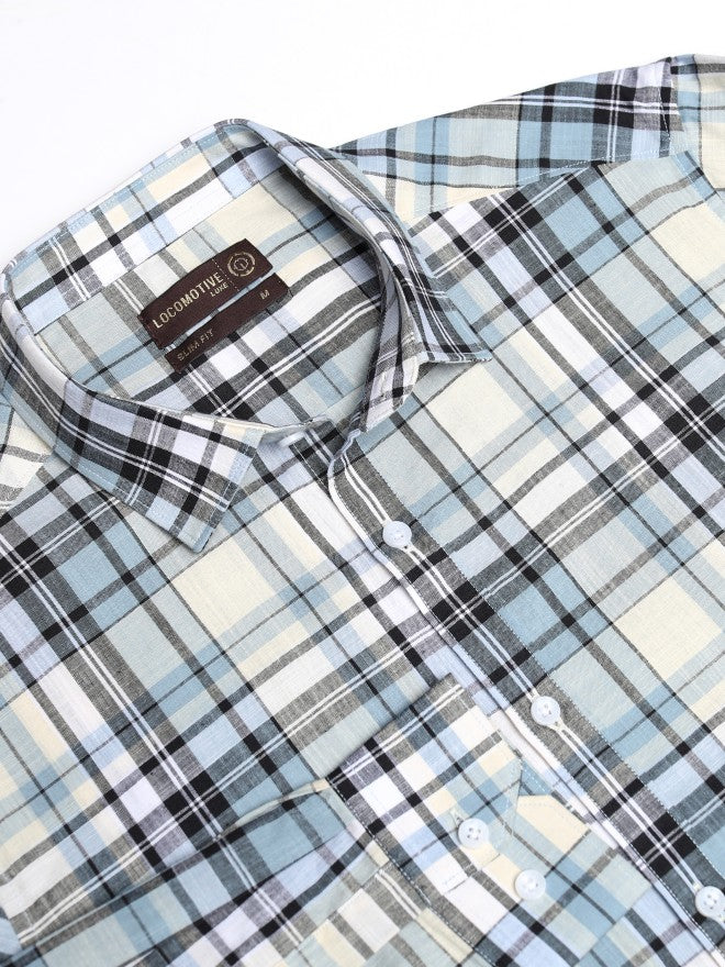 Locomotive Men Blue Checked Slim Fit Casual Shirt - Blue - Image 7