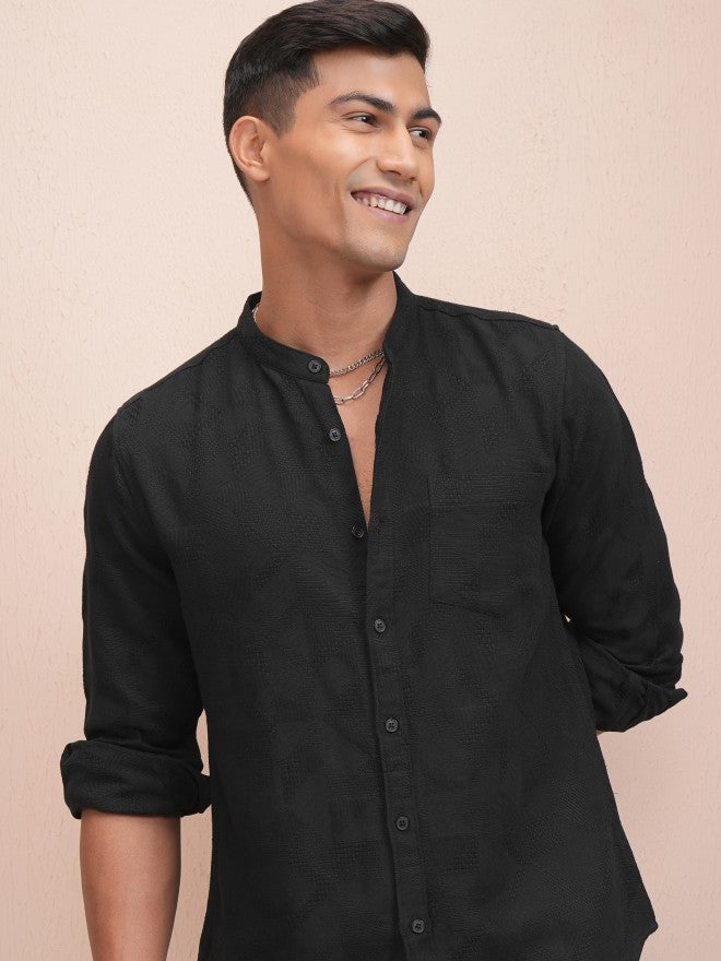 Locomotive Men Black Textured Regular Fit Casual Shirt - Black - Image 1